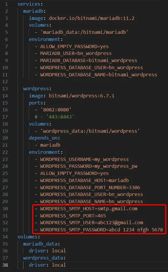 워드프레스 설치 docker-compose파일에서 smtp설정