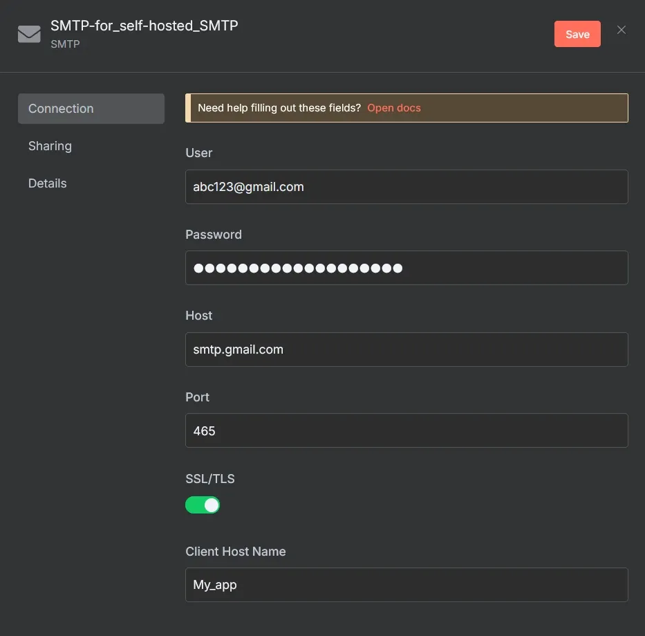 n8n SMTP 인증 설정 예