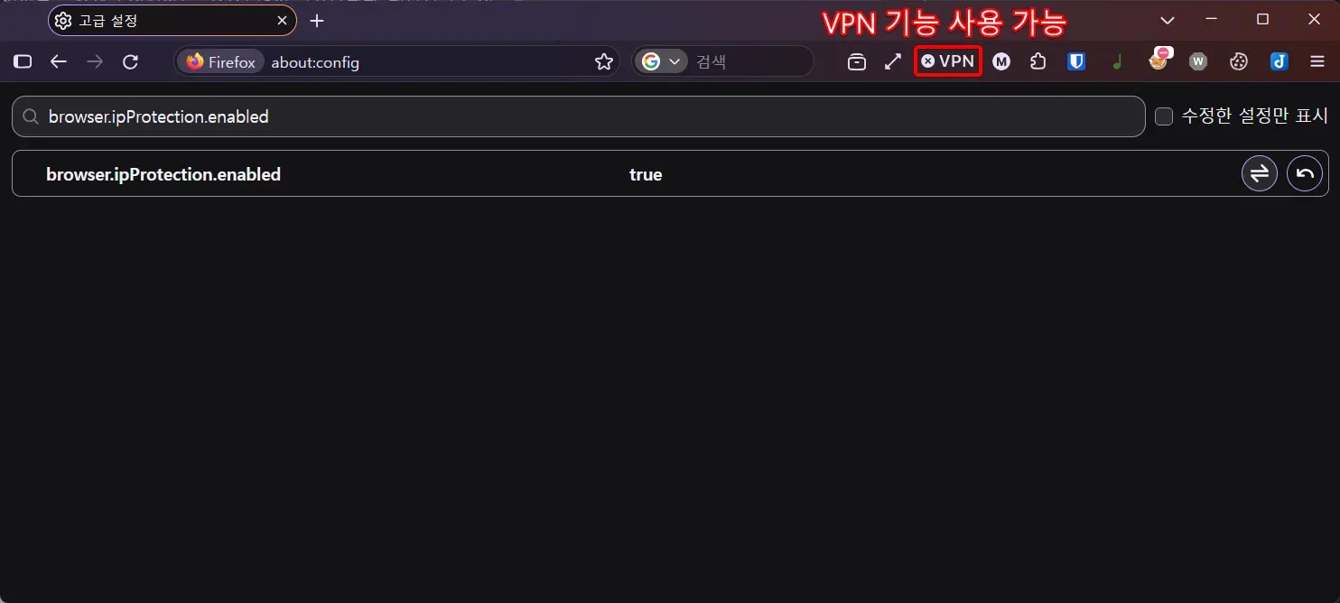 새롭게 표시된 파이어폭스 VPN 아이콘
