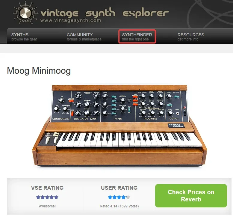 Synth Finder에서 미니무그를 검색한 스크린샷