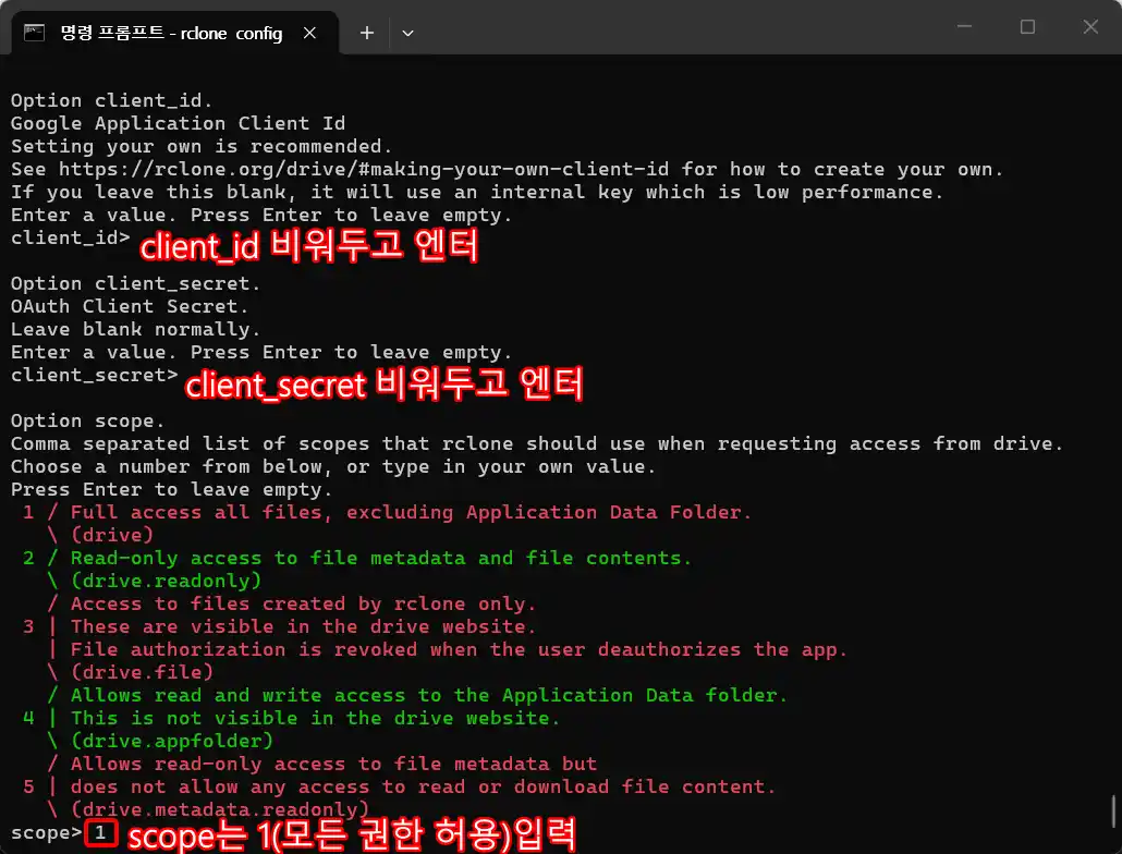 rclone config로 구글 드라이브 리모트 설정 4