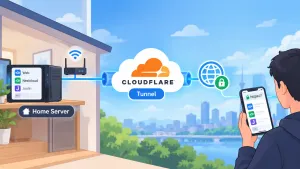 집 서버에서 Cloudflare Tunnel을 거쳐 외부로 안전하게 연결되는 모습