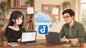 AI 비서 뮤즈와 사용자가 Joplin으로 노트를 동기화하는 모습(AI생성)