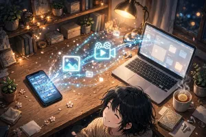스마트폰과 PC 사이로 사진과 동영상 파일이 무선으로 날아가는 장면